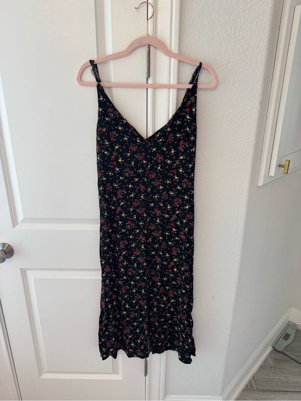 Reformation Black Midi Slip Dress with Red & Yellow Floral Motif